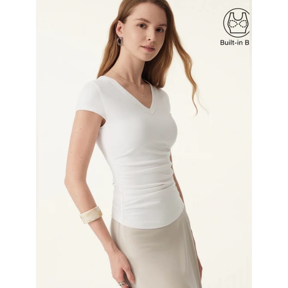 OGL Eco-SkinKiss® Elevated V-neck Side Ruched Cap Sleeve Bra Tee white XL NEW